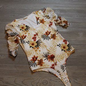 EMBER Body Suit Floral w/Tropical Palm Leaves Cream Background V neck Size S